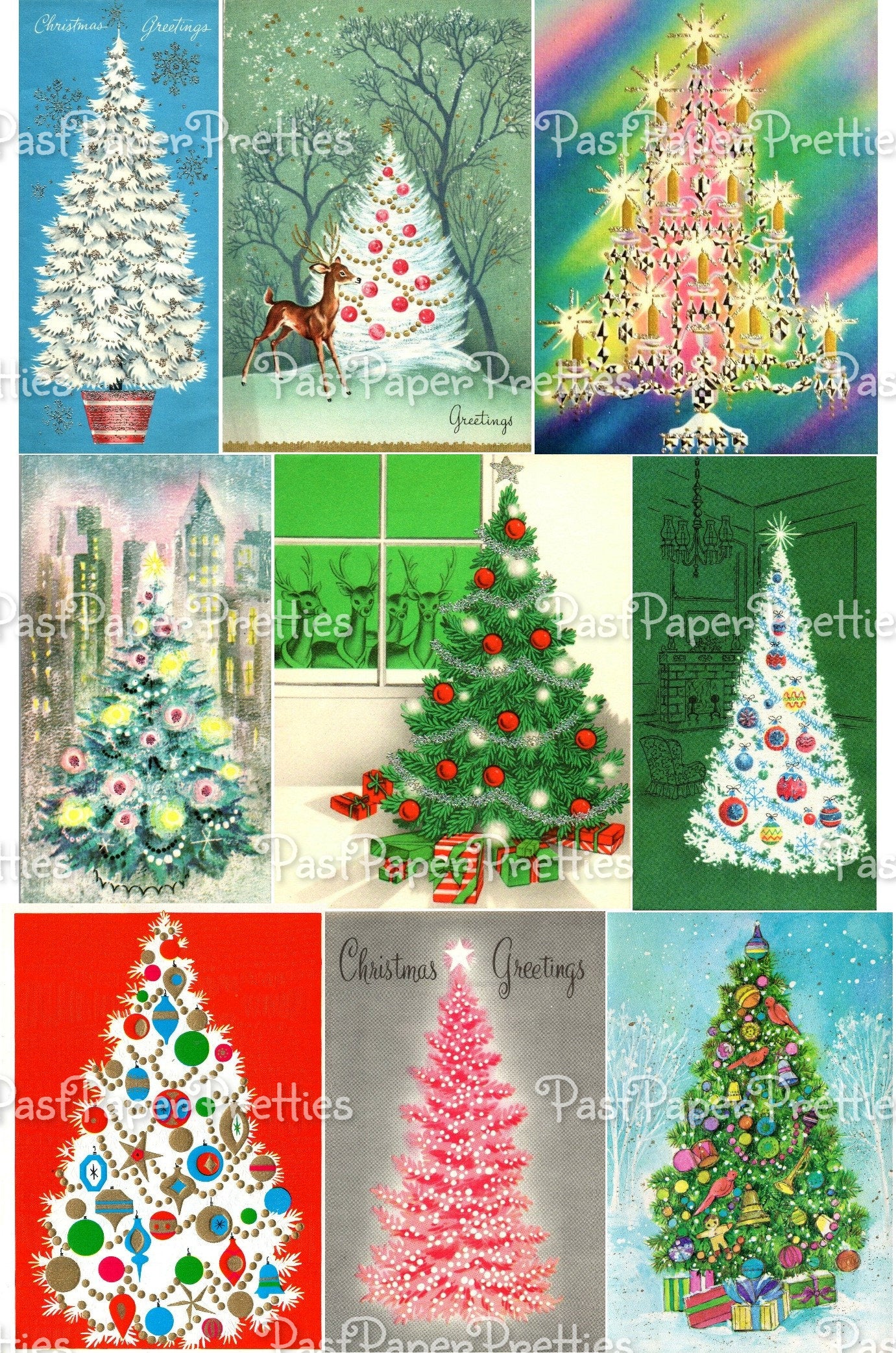 Vintage Printable Fabulous Retro Christmas Tree Collage Sheets 54 Images 2 Sizes PDF Instant Digital Download Mod Mid Century Trees