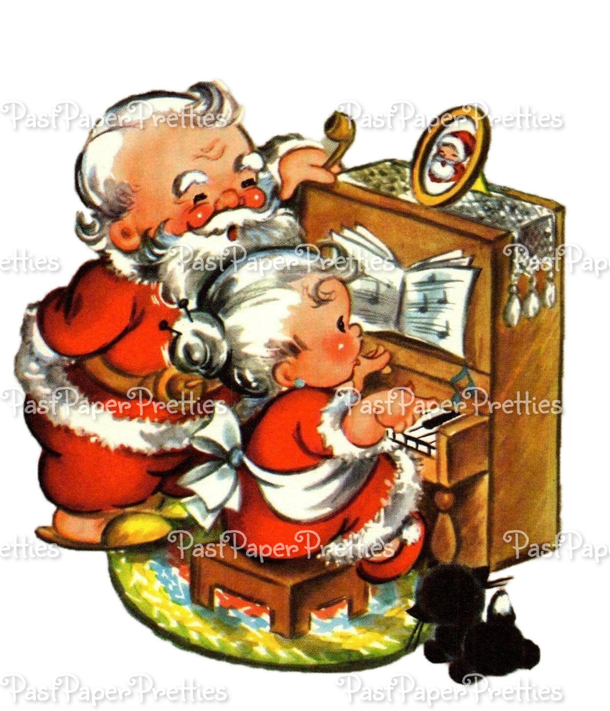 Vintage Printable Piano Playing Santa & Mrs Claus Cute Christmas Card Image Retro 1940s Instant Digital Download Kitsch Kitschmas Clip Art