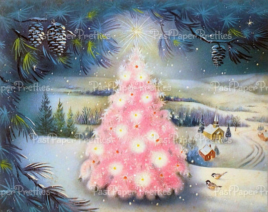 Vintage Printable Pink Christmas Tree Blue Forest Scene Card Image Instant Digital Download Kitsch Retro Holiday Clip Art