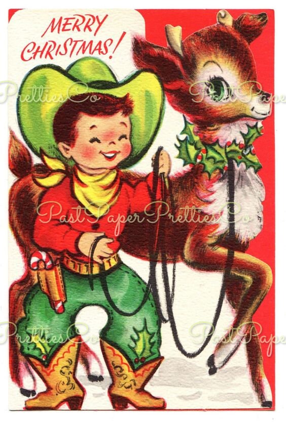 Vintage Printable Cute Christmas Cowboys Collage Sheets & Full Card Images PDF Instant Digital Download Retro Western Boys Holiday Clipart