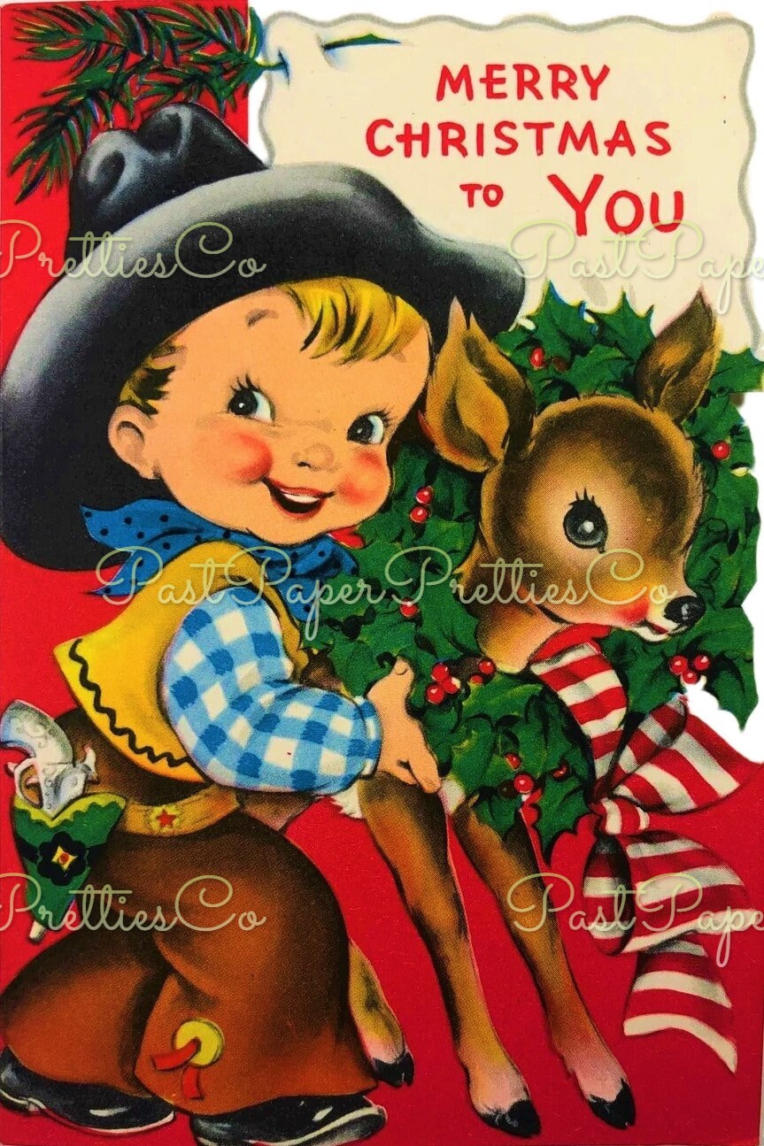 Vintage Printable Cute Christmas Cowboys Collage Sheets & Full Card Images PDF Instant Digital Download Retro Western Boys Holiday Clipart