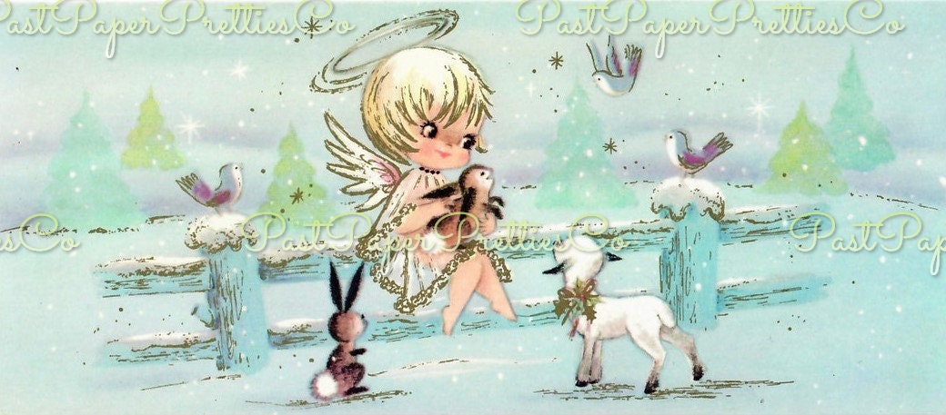 Vintage Printable Big Eyed Christmas Angels Collage Sheets Holiday Card Images PDF Instant Digital Download Cute Heavenly Girls Clip Art