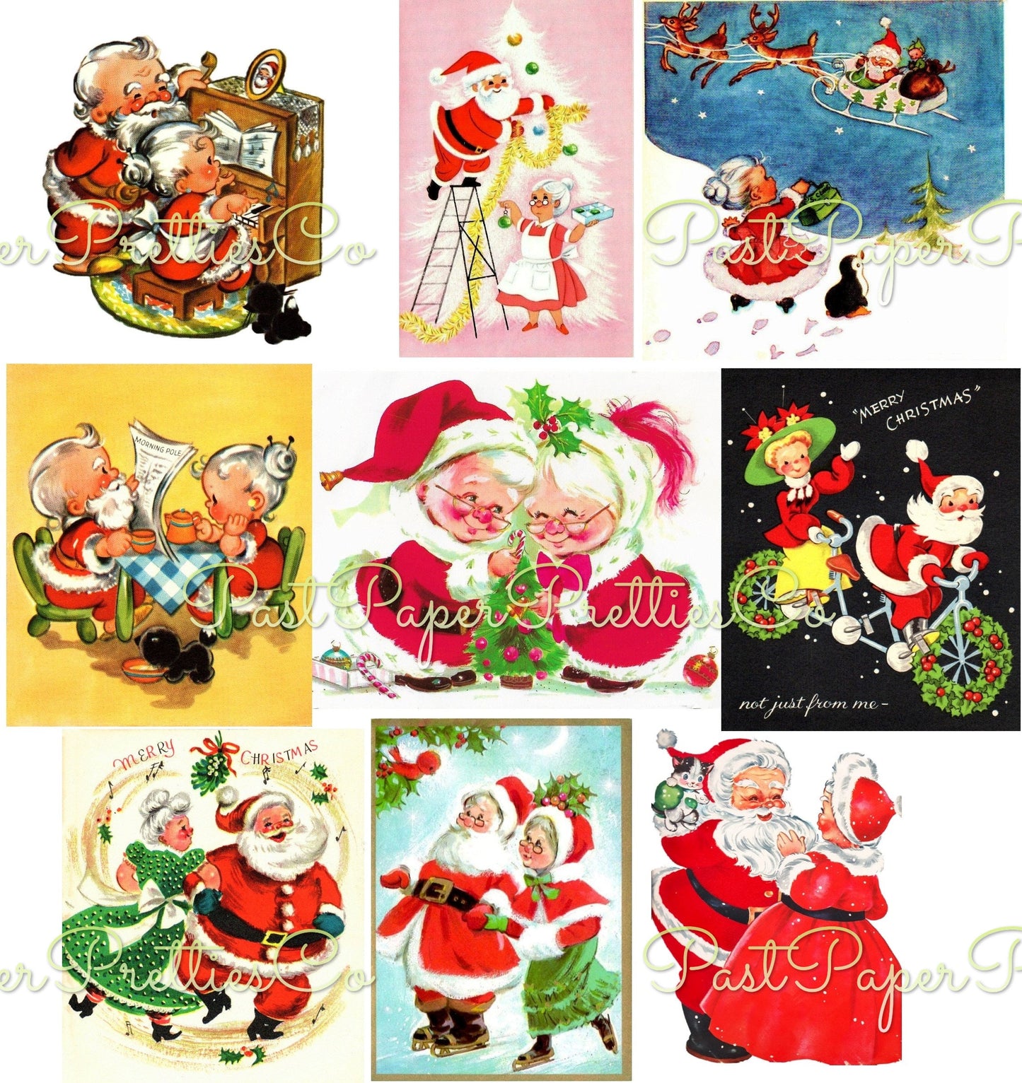 Vintage Printable Christmas Cards Mr and Mrs Santa Claus Collection Card Images PDF Instant Digital Download Mid Century Xmas Clip Art