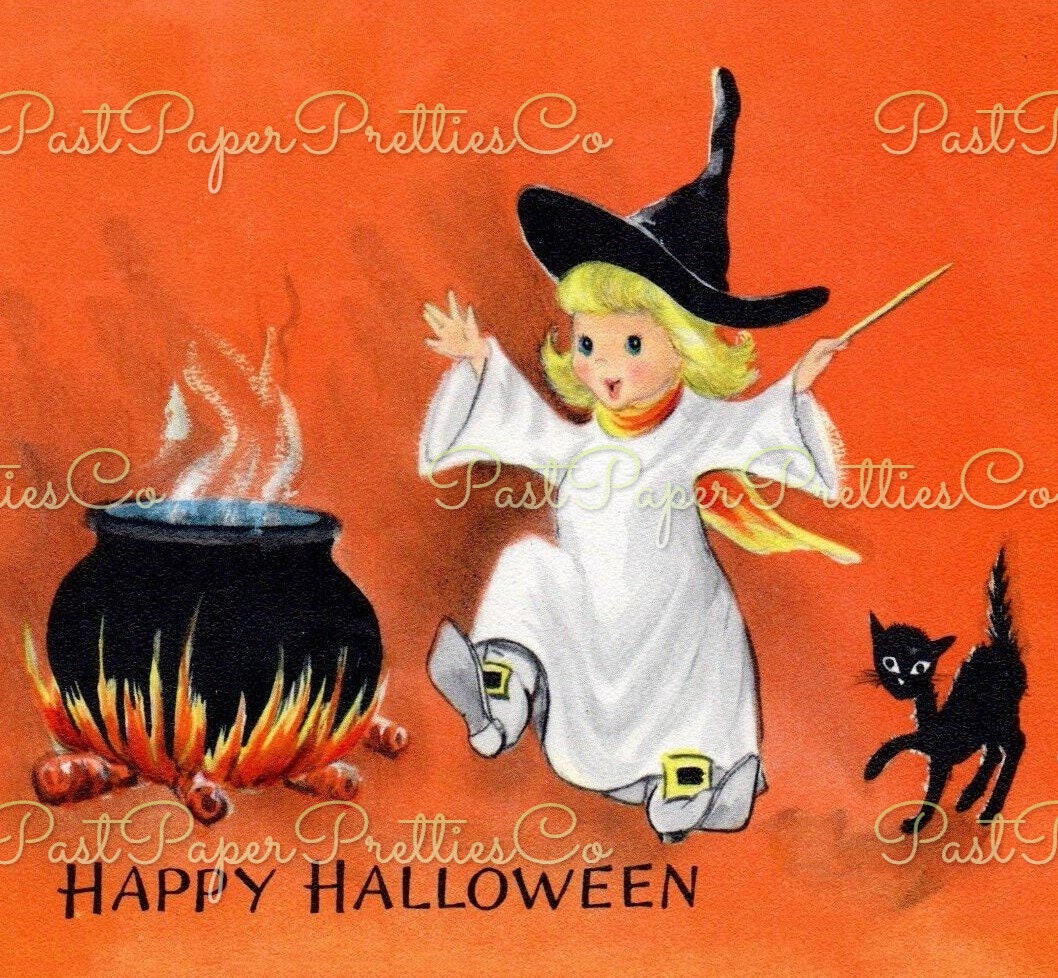 Vintage Printable Little Miss Halloween Witch Girl Card Images c. 1950s Instant Digital Download Adorably Spooky Clipart 300 dpi