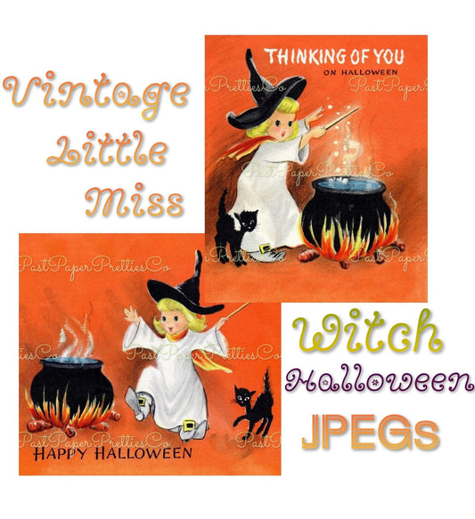 Vintage Printable Little Miss Halloween Witch Girl Card Images c. 1950s Instant Digital Download Adorably Spooky Clipart 300 dpi