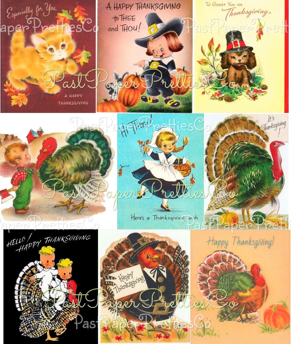 Vintage Printable Retro Thanksgiving Collage Sheets Cute Turkeys Pilgrim Children Card Images PDF Instant Digital Download Clipart 2 Sizes