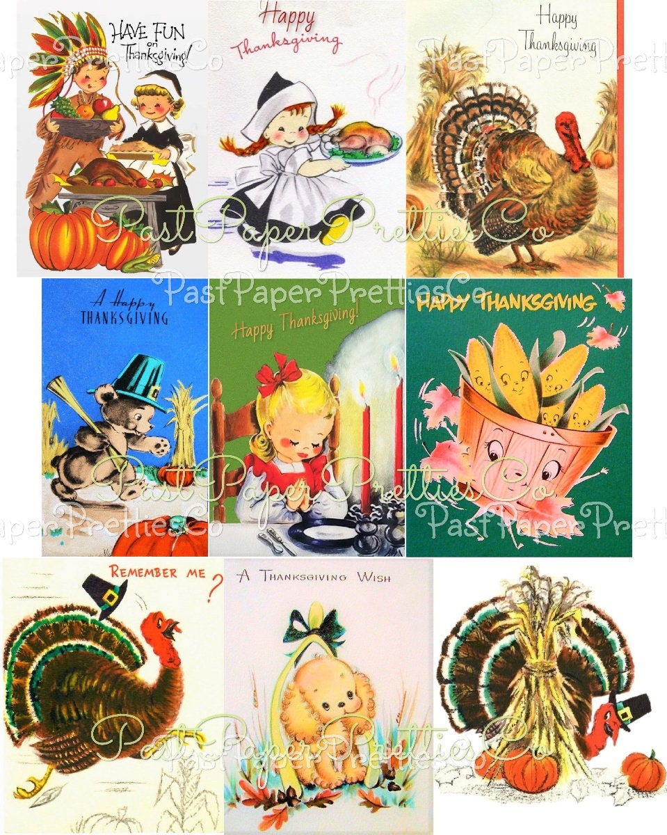 Vintage Printable Retro Thanksgiving Collage Sheets Cute Turkeys Pilgrim Children Card Images PDF Instant Digital Download Clipart 2 Sizes