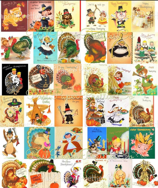 Vintage Printable Retro Thanksgiving Collage Sheets Cute Turkeys Pilgrim Children Card Images PDF Instant Digital Download Clipart 2 Sizes