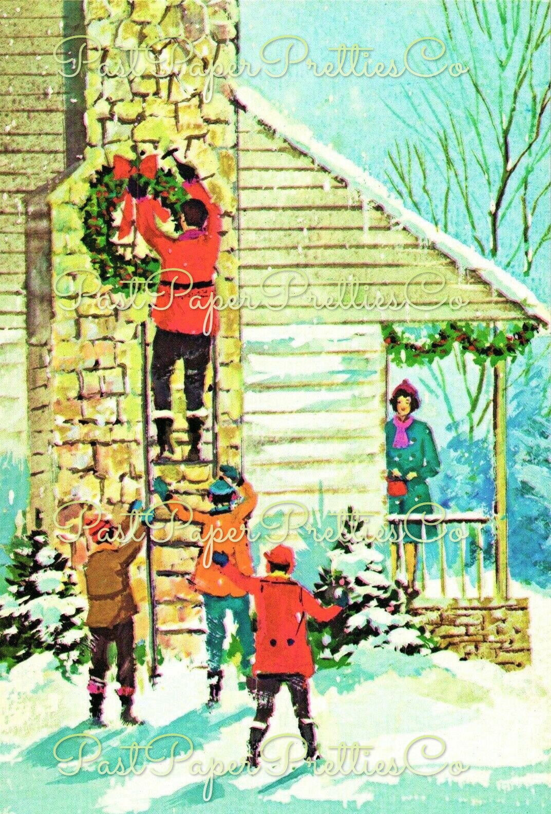 Vintage Mid Century Happy Family Home For Christmas Card Postcard Images c. 1950s PDF Instant Digital Download JPEGS 300 dpi Holiday Clipart