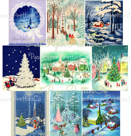 Vintage Printable Christmas Town and Church Collage Sheet & Single Card Images PDF Instant Digital Download Pretty Holiday Clipart