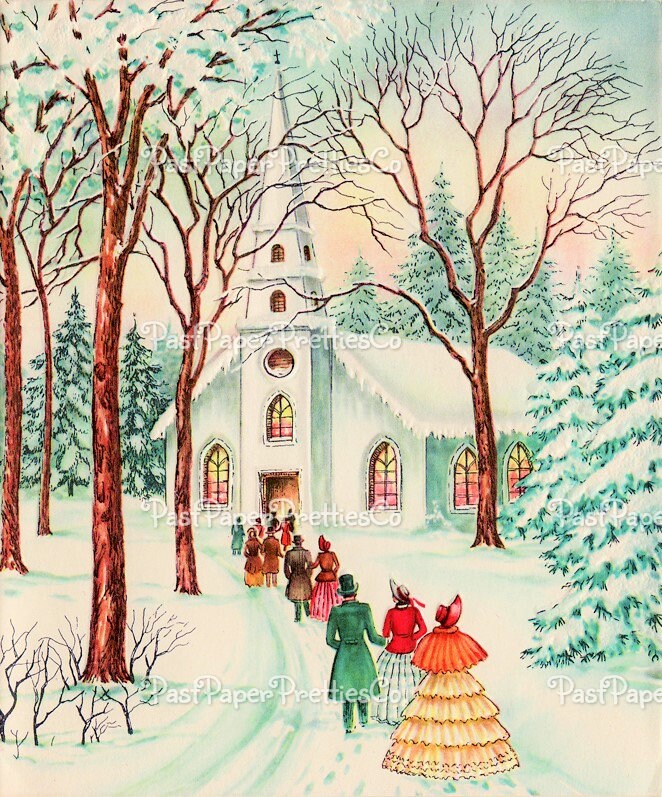 Vintage Printable Christmas Town and Church Collage Sheet & Single Card Images PDF Instant Digital Download Pretty Holiday Clipart