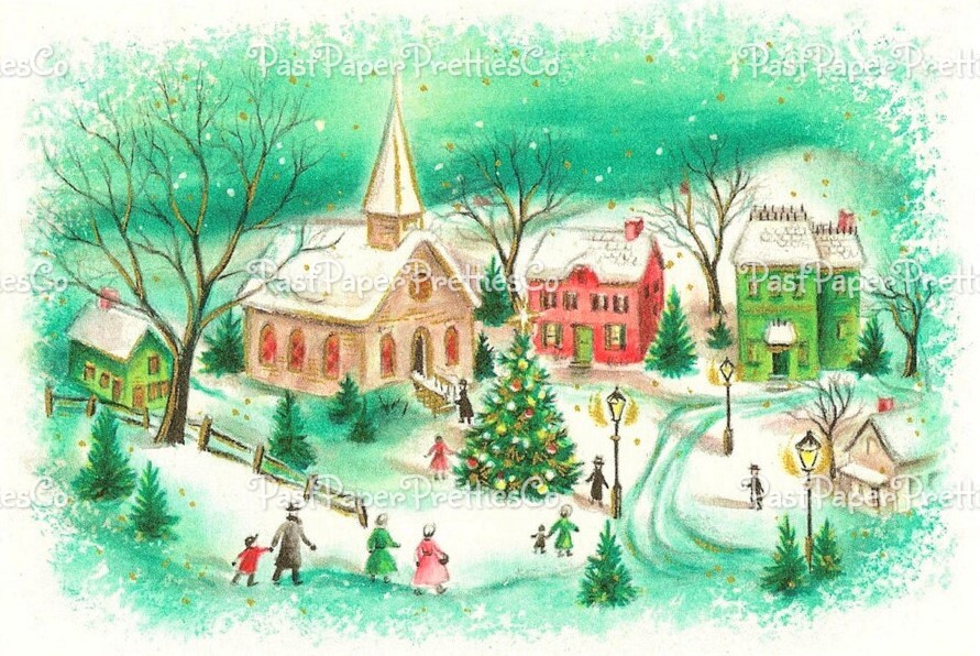 Vintage Printable Christmas Town and Church Collage Sheet & Single Card Images PDF Instant Digital Download Pretty Holiday Clipart