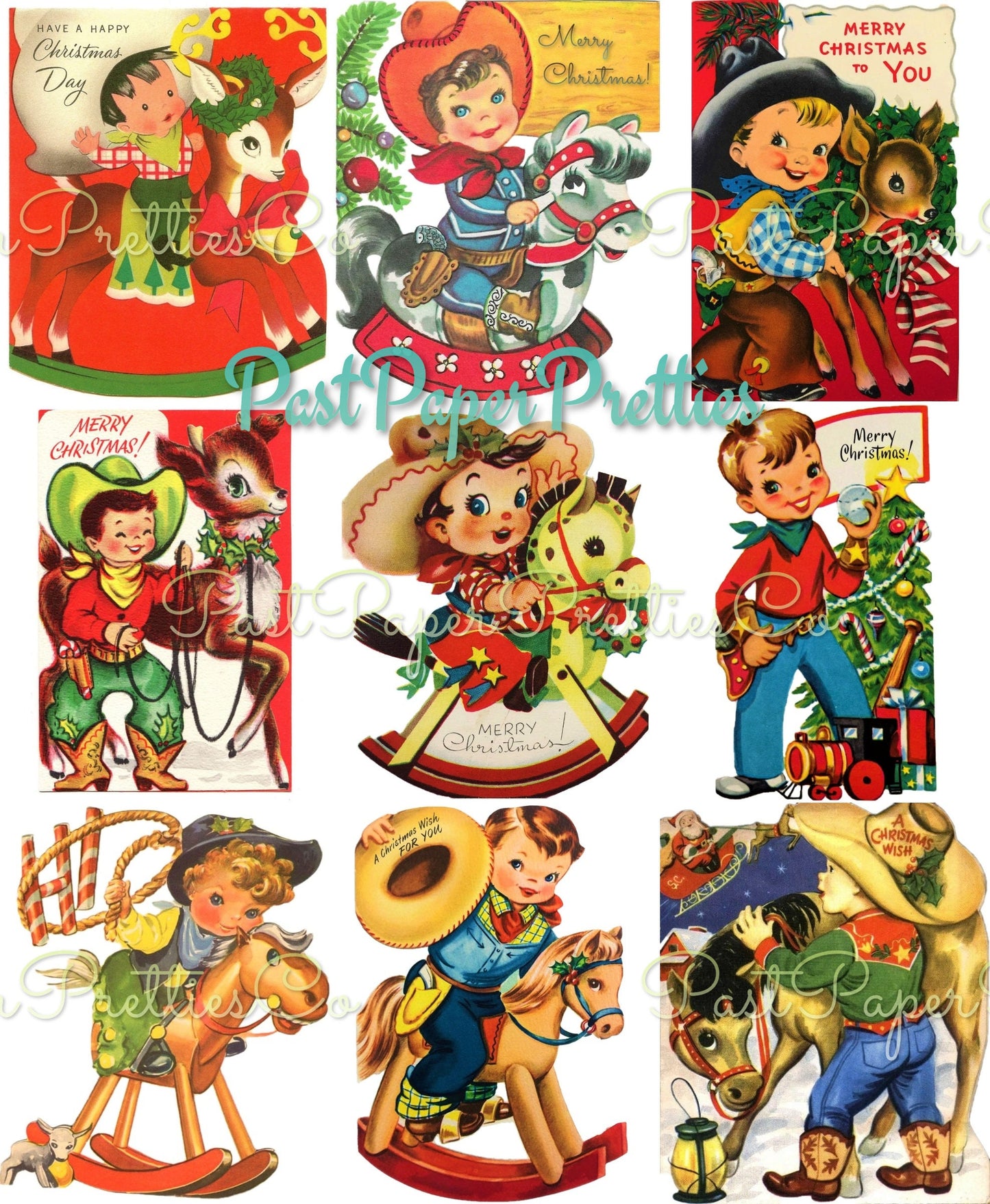 Vintage Printable Cute Christmas Cowboys Collage Sheets & Full Card Images PDF Instant Digital Download Retro Western Boys Holiday Clipart
