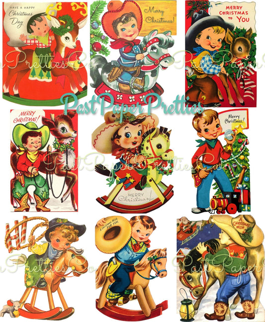 Vintage Printable Cute Christmas Cowboys Collage Sheets & Full Card Images PDF Instant Digital Download Retro Western Boys Holiday Clipart