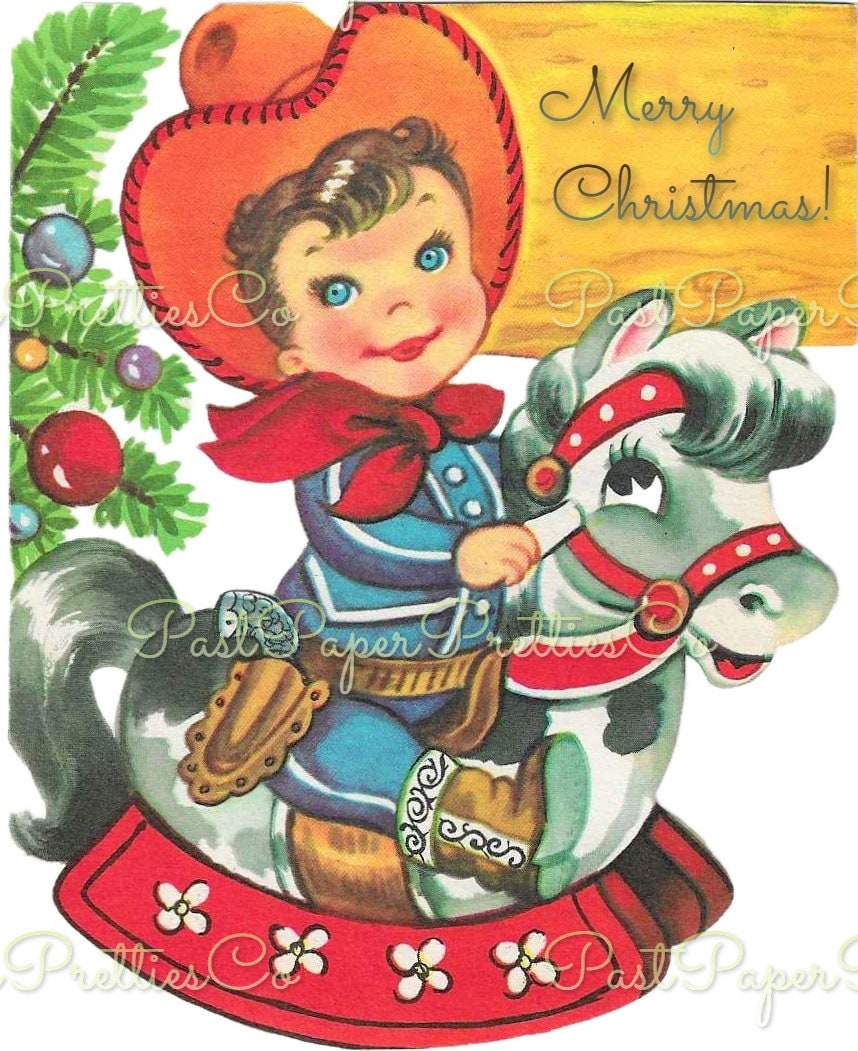 Vintage Printable Cute Christmas Cowboys Collage Sheets & Full Card Images PDF Instant Digital Download Retro Western Boys Holiday Clipart