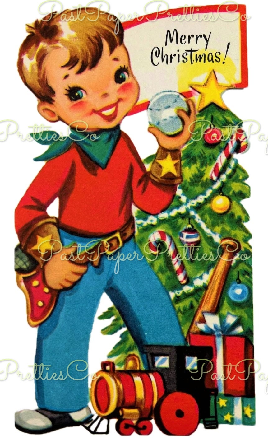 Vintage Printable Cute Christmas Cowboys Collage Sheets & Full Card Images PDF Instant Digital Download Retro Western Boys Holiday Clipart