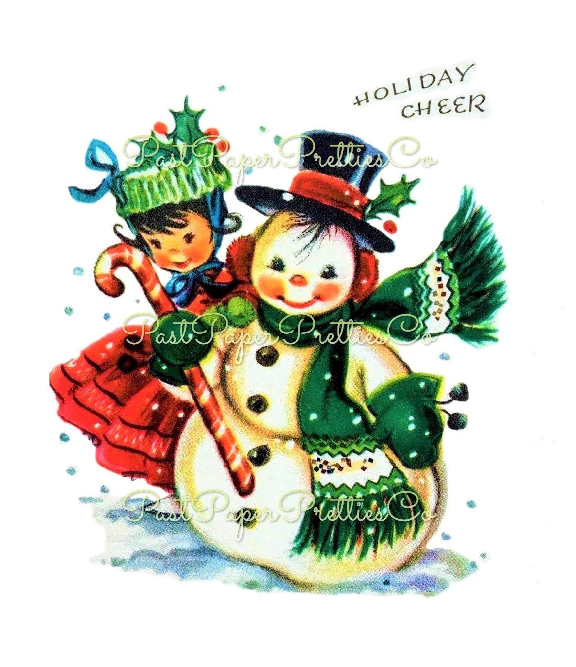 Vintage Printable Happy Snowman & Little Miss Cute Girl Christmas Card Image Retro 1950s Instant Digital Download Kitsch Clipart JPEG PNG