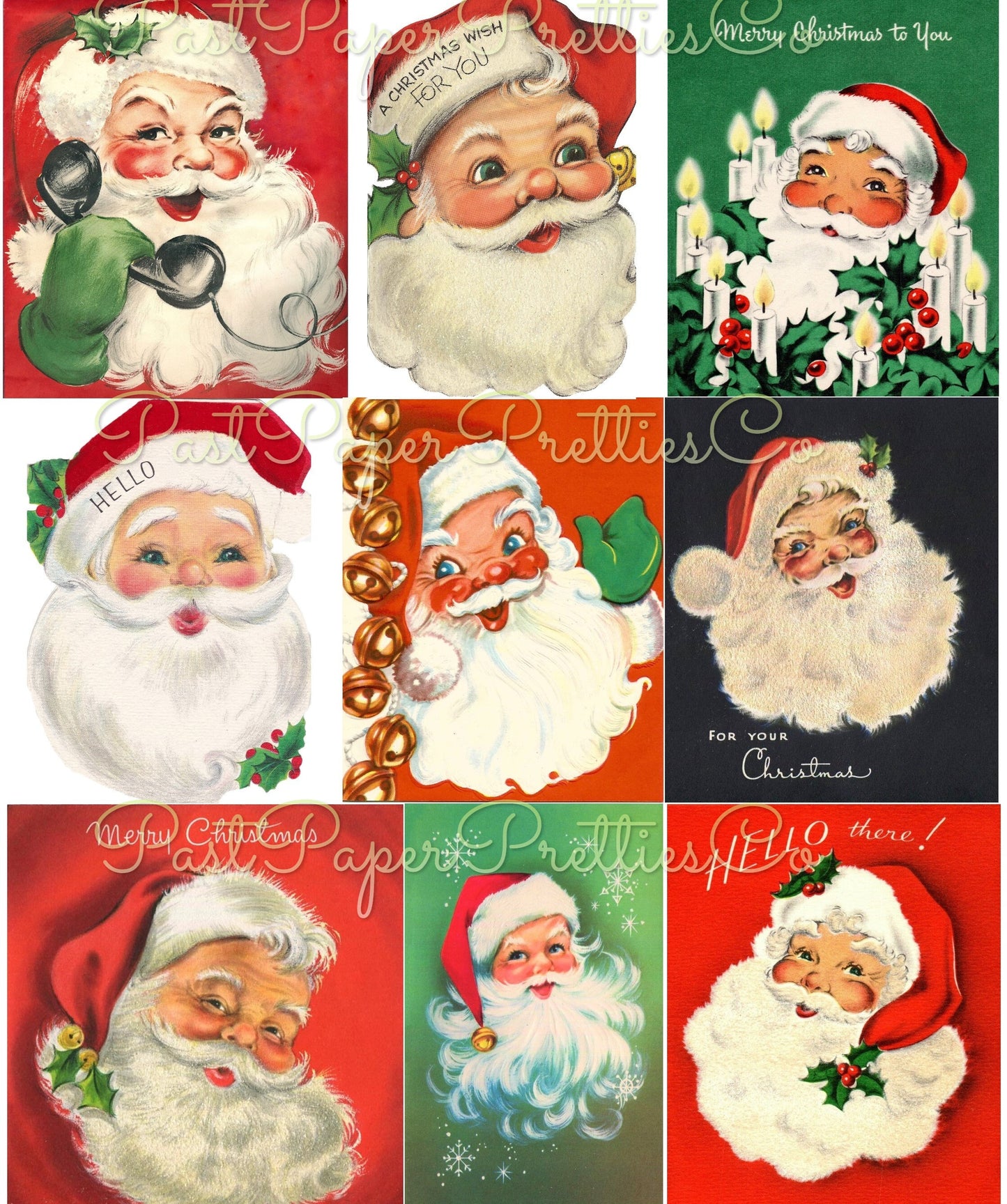 54 Vintage Printable Christmas Retro Santa Faces Heads Portraits Collage Collection MCM Santa Claus Card Images PDF Instant Digital Download