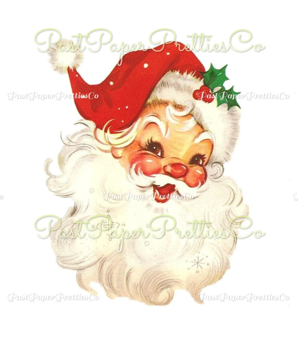 Vintage Christmas Printable Retro Jolly Smiling Santa Claus Face Red and Purple Hat Clipart Image PDF Instant Digital Download JPEG PNG