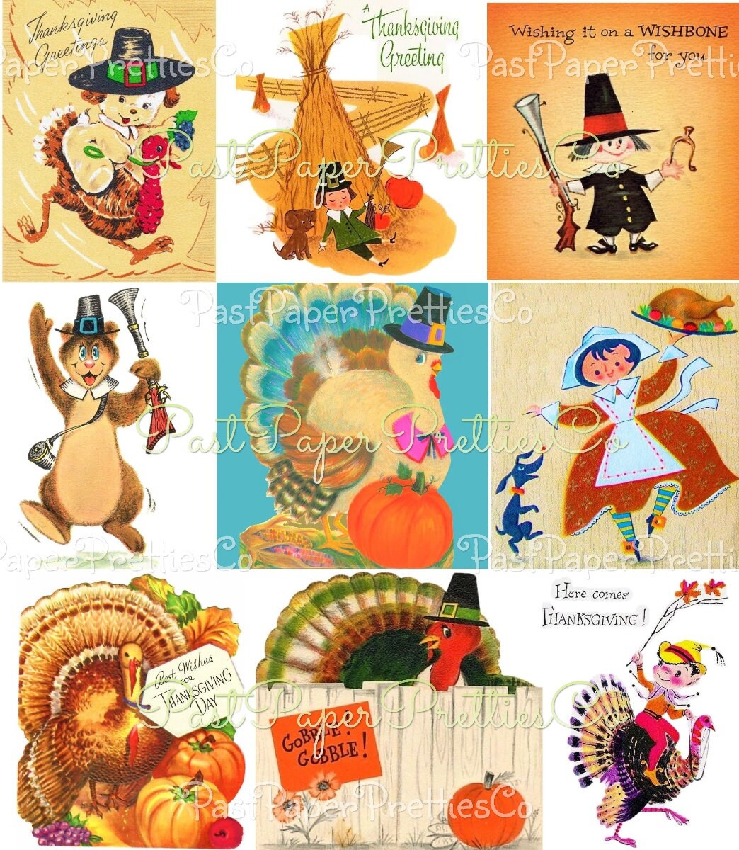 Vintage Printable Retro Thanksgiving Collage Sheets Cute Turkeys Pilgrim Children Card Images PDF Instant Digital Download Clipart 2 Sizes