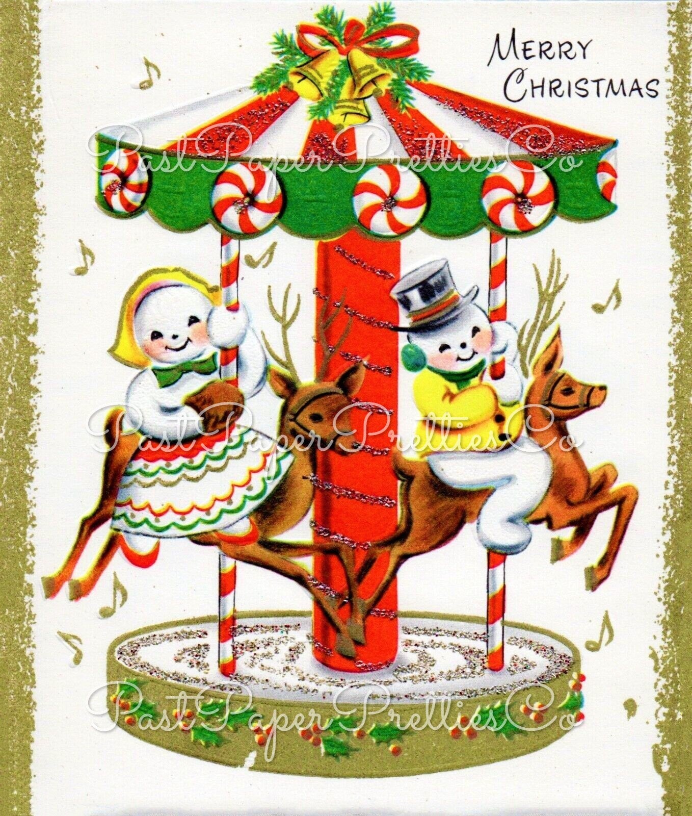 Vintage Printable Cute Snowcouple on Christmas Carousel Image Retro 1950s PDF Instant Digital Download Kitsch Snowman Clipart JPEG PNG