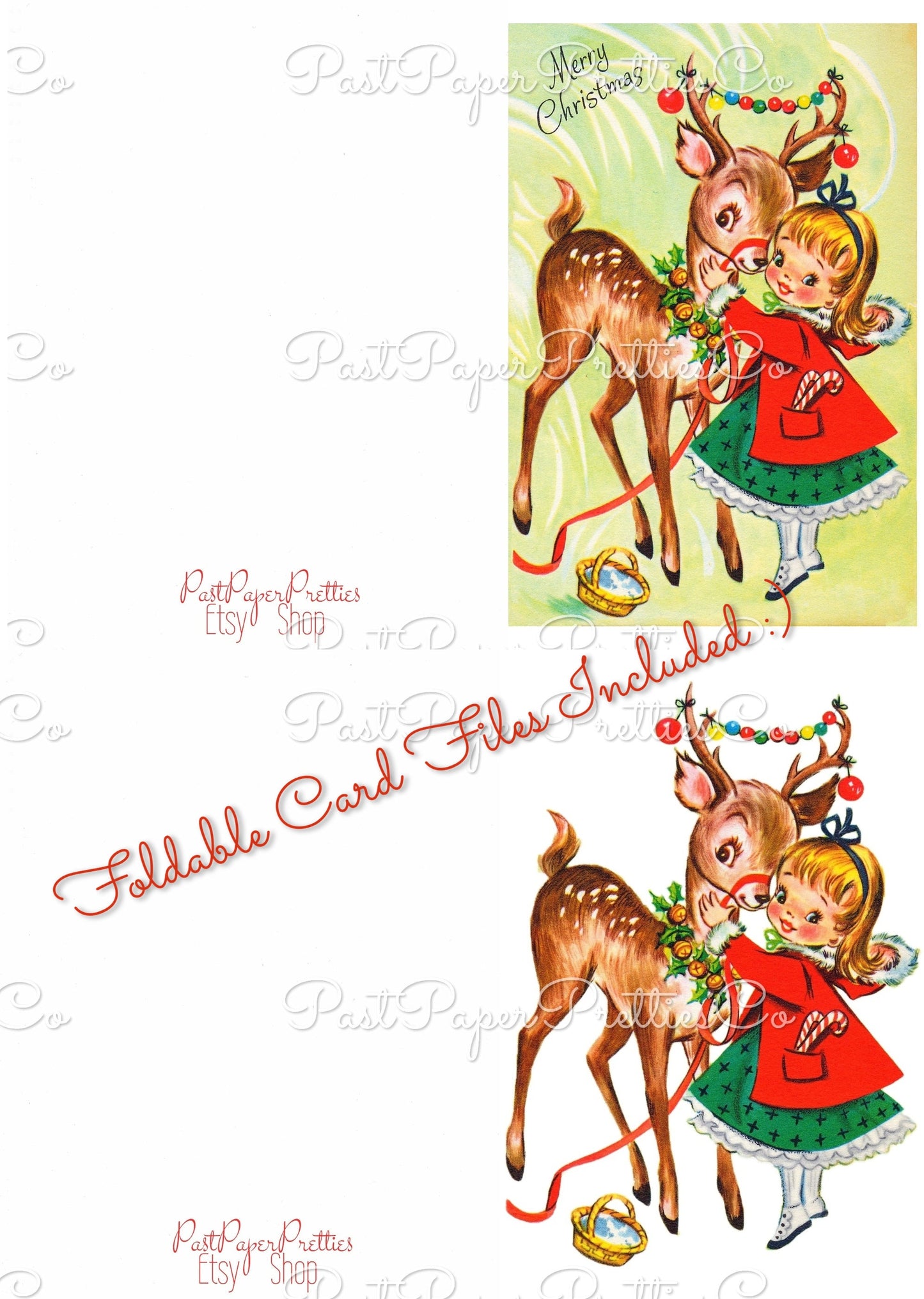 Vintage Printable Cute Christmas Girl and Reindeer Card Image Retro 1950s PDF Instant Digital Download Kitsch Holiday Clipart JPEG PNG