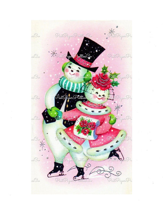 Vintage Printable Pink Snowman Snowlady Skating Snow Couple Christmas Card Image Instant Digital Download Kitsch Retro Mid Century Clip Art