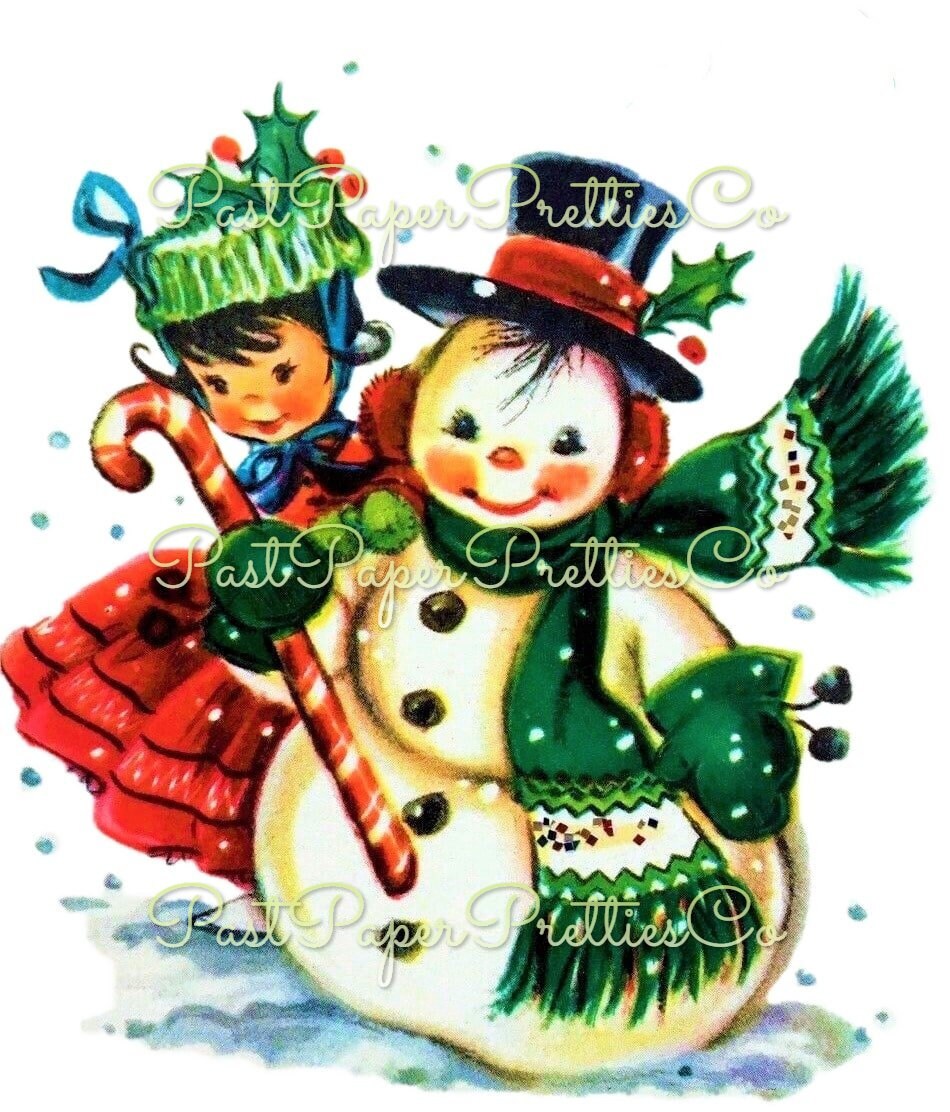 Vintage Printable Happy Snowman & Little Miss Cute Girl Christmas Card Image Retro 1950s Instant Digital Download Kitsch Clipart JPEG PNG