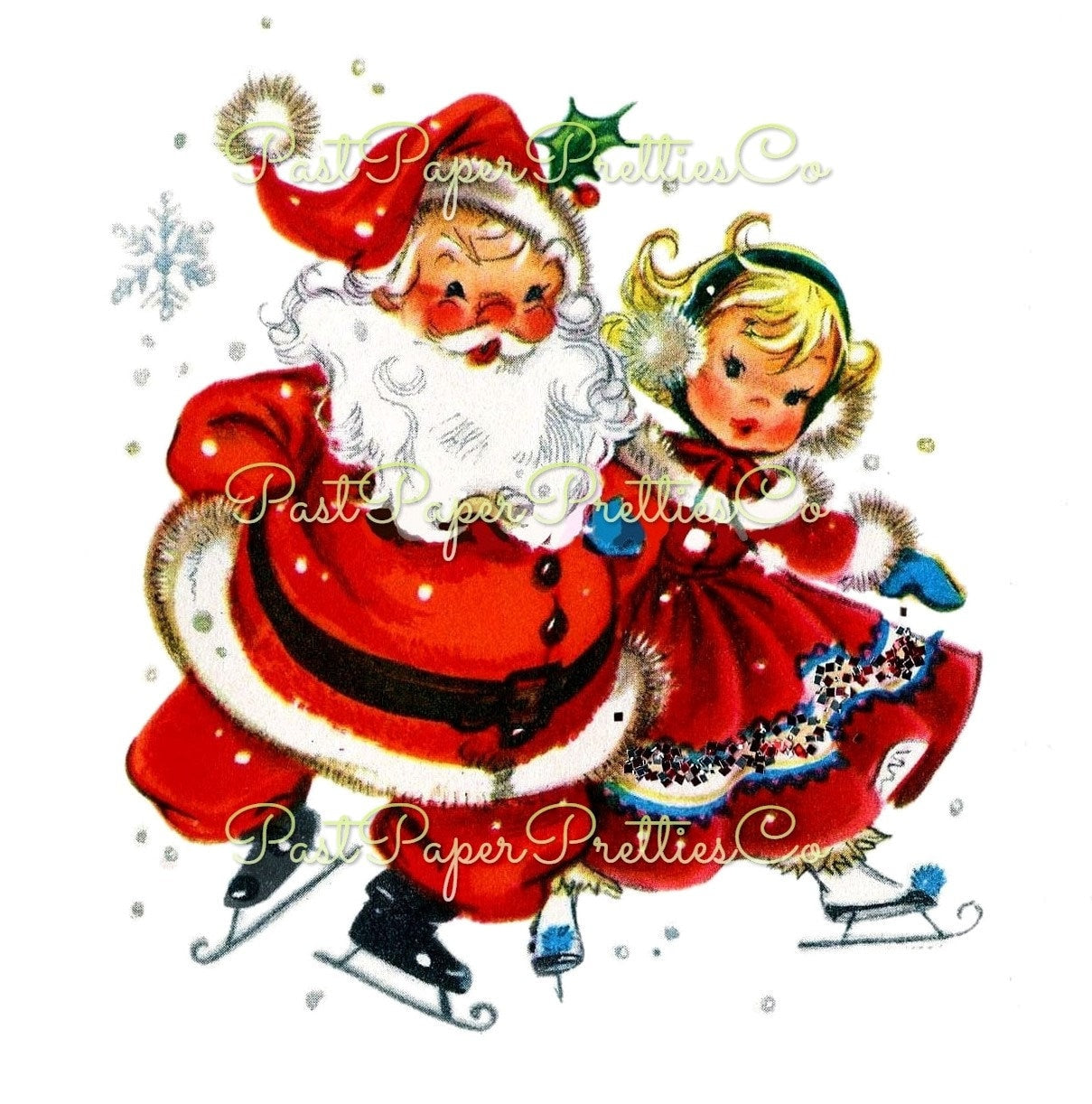 Vintage Printable Skating Santa & Little Miss Cute Girl Christmas Card Image Retro 1950s Instant Digital Download Kitsch Clipart JPEG PNG