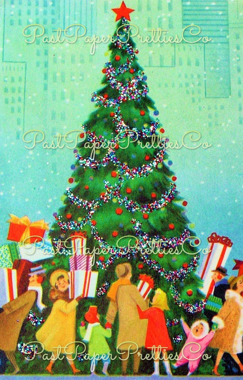 Vintage Printable Christmas In The City Town Square Tree Holiday Shoppers Card Image Instant Digital Download Mid Century Xmas Clip Art
