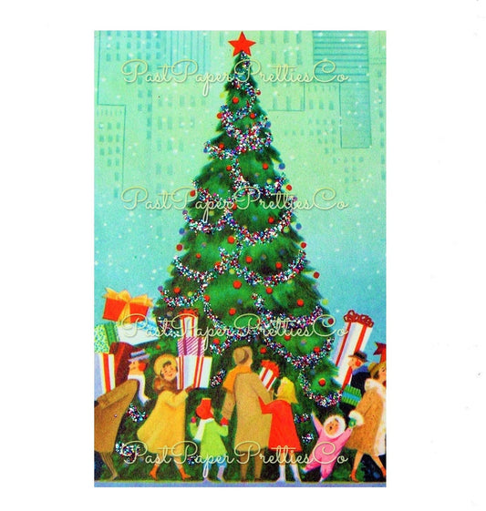 Vintage Printable Christmas In The City Town Square Tree Holiday Shoppers Card Image Instant Digital Download Mid Century Xmas Clip Art