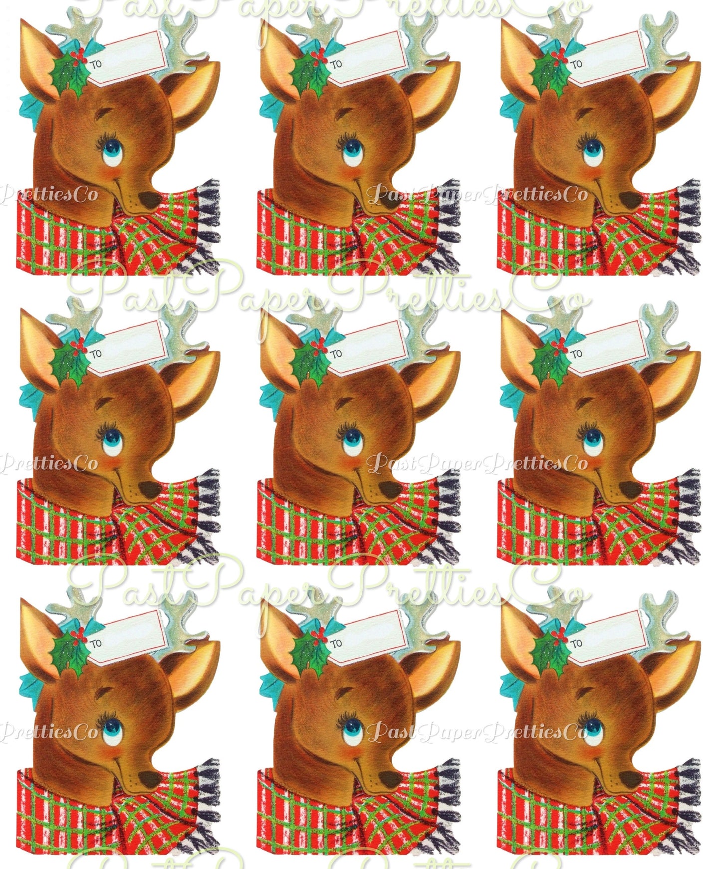 Vintage Christmas Printable Big Eyed Reindeer Gift Tag Collage & Single Card Image PDF Instant Digital Download Holiday Deer Clipart JPG PNG