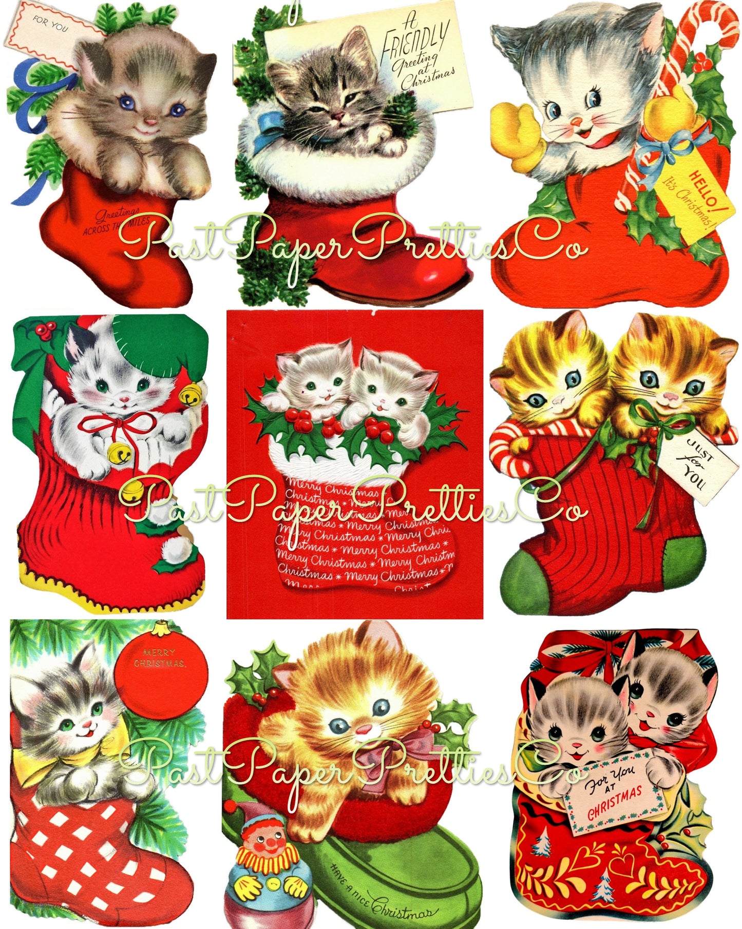 Vintage Printable Christmas Cats in Boots Card Images Collage Sheets Tags Stamps  ALL Kitty Stockings PDF Instant Digital Download