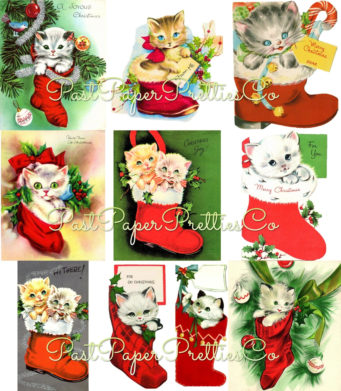 Vintage Printable Christmas Cats in Boots Card Images Collage Sheets Tags Stamps  ALL Kitty Stockings PDF Instant Digital Download