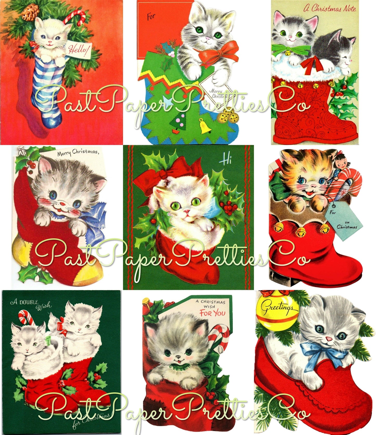 Vintage Printable Christmas Cats in Boots Card Images Collage Sheets Tags Stamps  ALL Kitty Stockings PDF Instant Digital Download