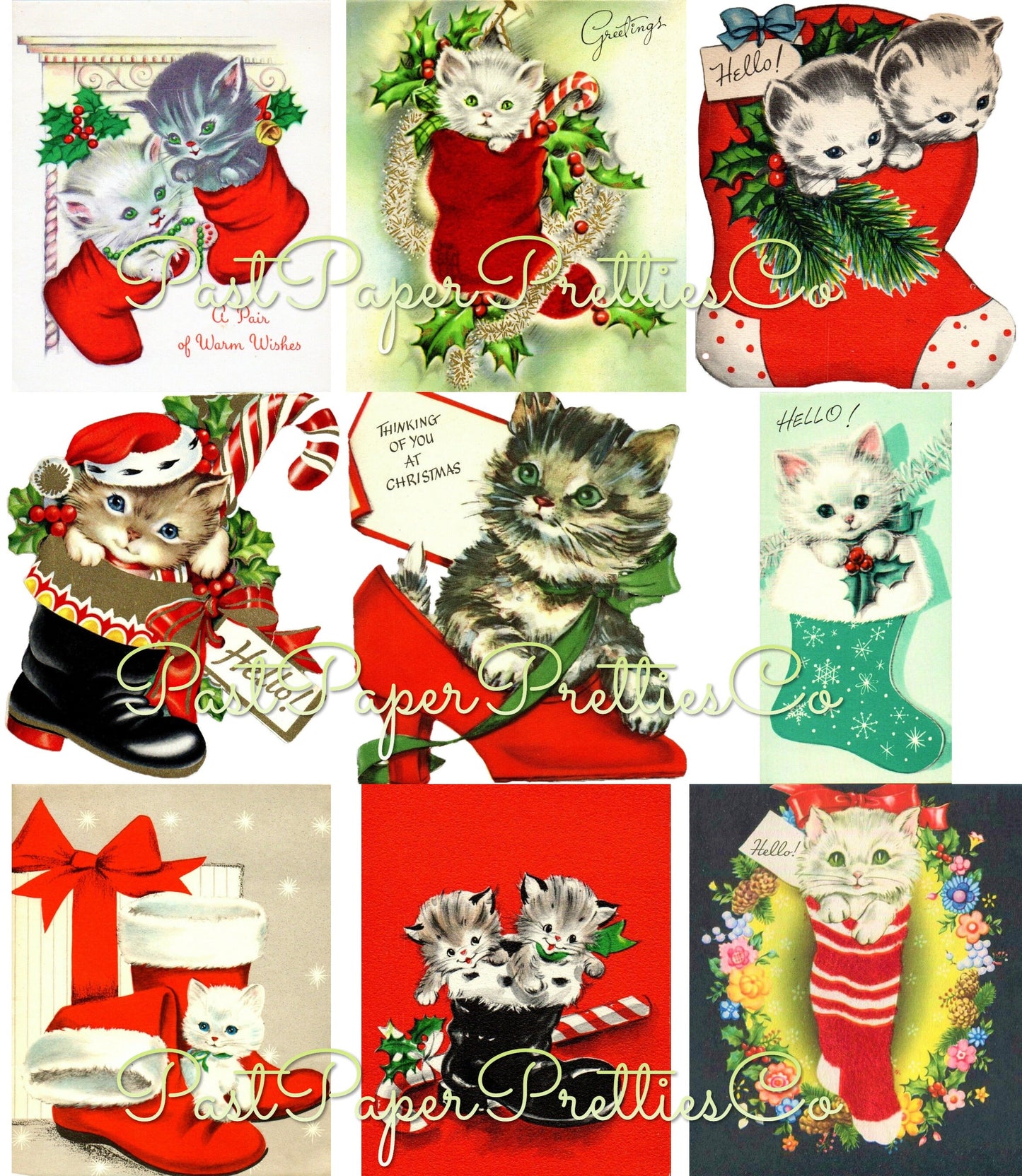 Vintage Printable Christmas Cats in Boots Card Images Collage Sheets Tags Stamps  ALL Kitty Stockings PDF Instant Digital Download