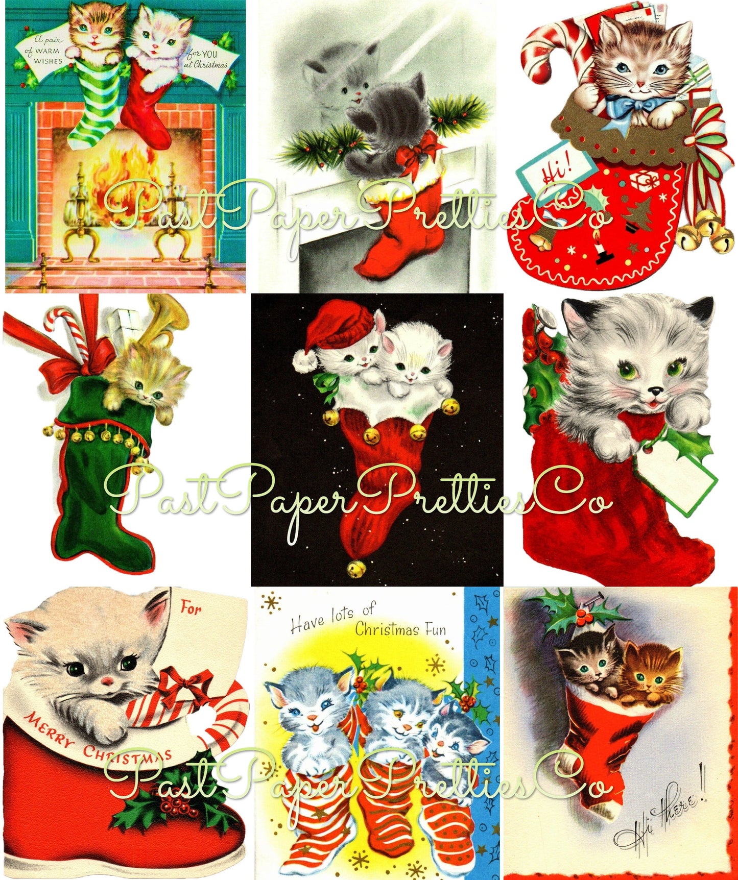 Vintage Printable Christmas Cats in Boots Card Images Collage Sheets Tags Stamps  ALL Kitty Stockings PDF Instant Digital Download