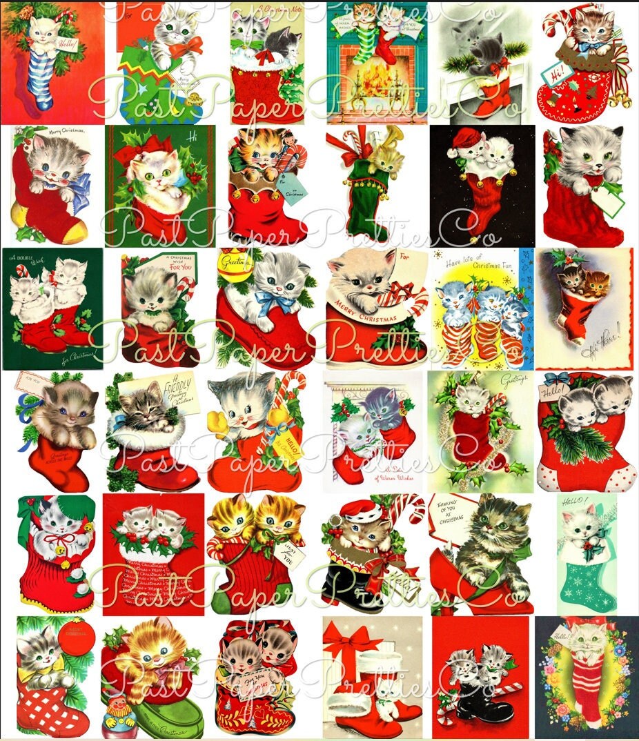 Vintage Printable Christmas Cats in Boots Card Images Collage Sheets Tags Stamps  ALL Kitty Stockings PDF Instant Digital Download