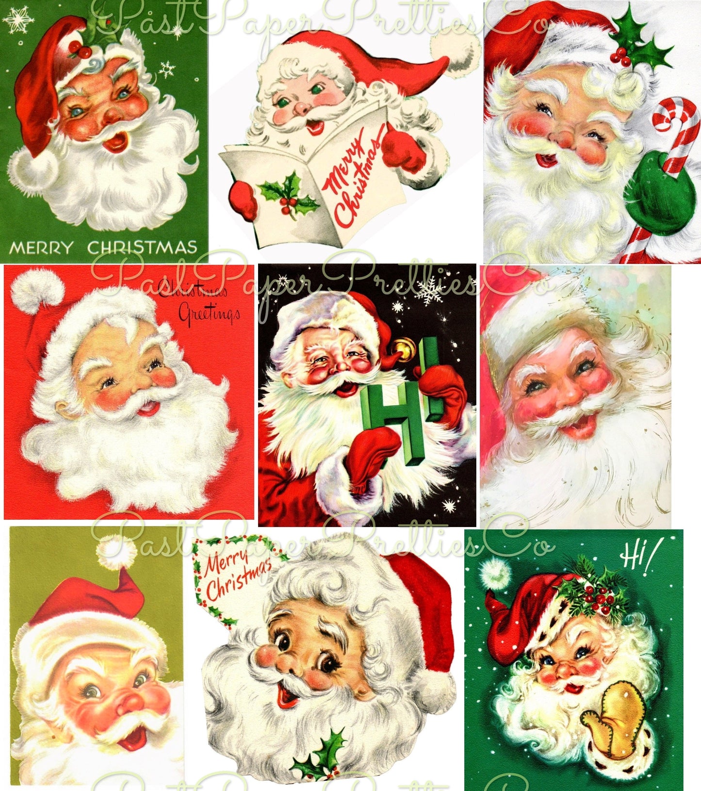 54 Vintage Printable Christmas Retro Santa Faces Heads Portraits Collage Collection MCM Santa Claus Card Images PDF Instant Digital Download