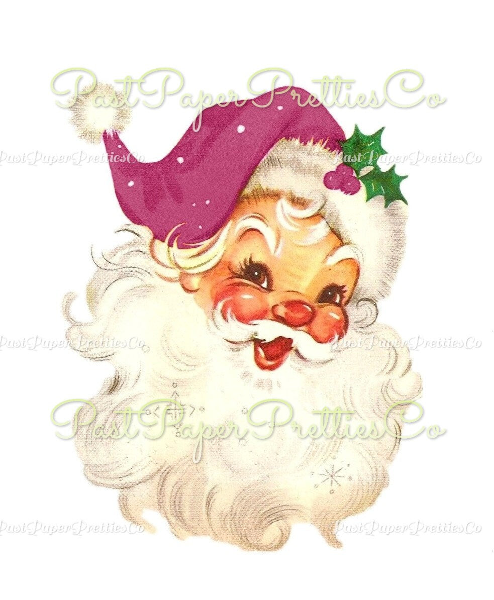 Vintage Christmas Printable Retro Jolly Smiling Santa Claus Face Red and Purple Hat Clipart Image PDF Instant Digital Download JPEG PNG