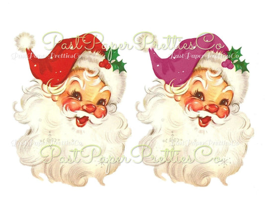 Vintage Christmas Printable Retro Jolly Smiling Santa Claus Face Red and Purple Hat Clipart Image PDF Instant Digital Download JPEG PNG