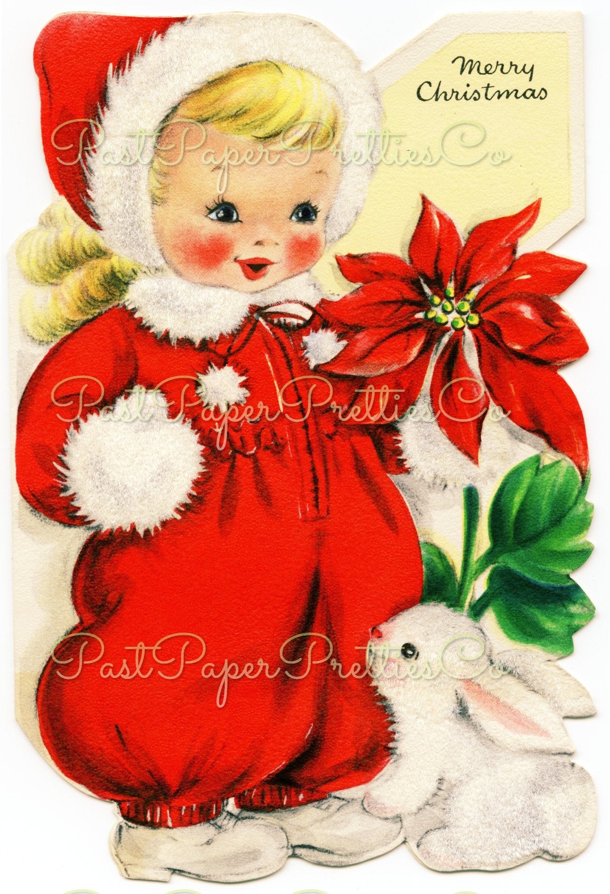 Vintage Printable Cute Little Christmas Girl Red Snowsuit Bunny Card Image 1940s Instant Digital Download Kitsch Holiday Clip Art 300 dpi