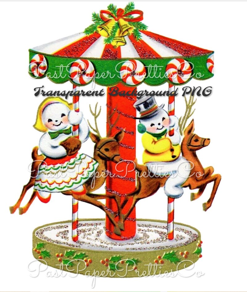 Vintage Printable Cute Snowcouple on Christmas Carousel Image Retro 1950s PDF Instant Digital Download Kitsch Snowman Clipart JPEG PNG