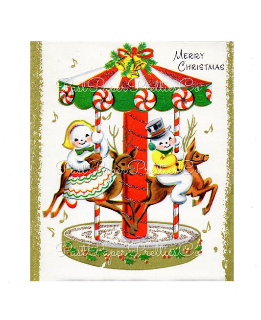 Vintage Printable Cute Snowcouple on Christmas Carousel Image Retro 1950s PDF Instant Digital Download Kitsch Snowman Clipart JPEG PNG