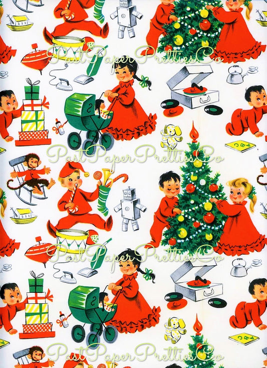 Vintage Printable Christmas Gift Wrap Christmas Morning Children Toys Wrapping Paper Collage Sheet Instant Digital Download Holiday Clipart