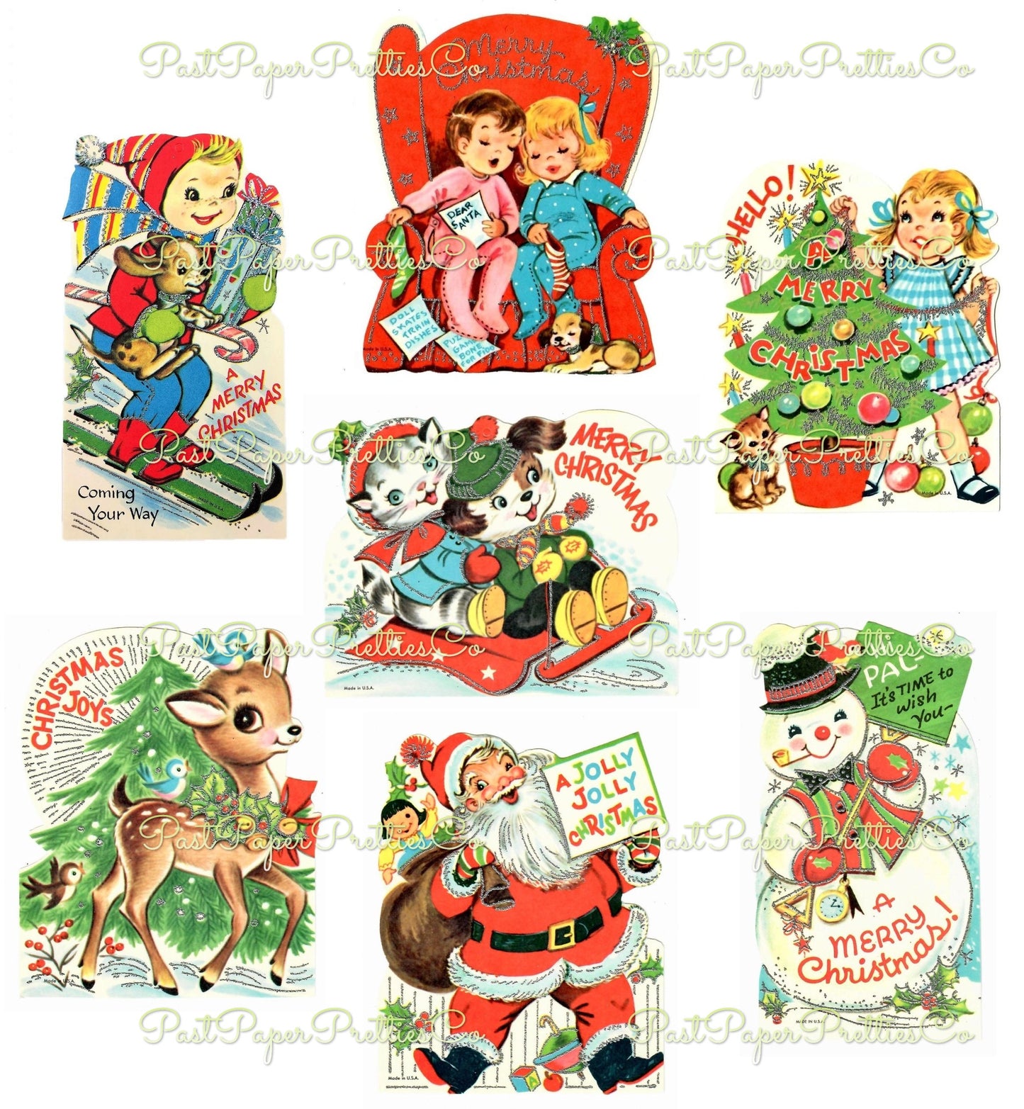 Vintage Printable Retro Christmas Classroom Style Cards Collage Sheets 20 Images PDF Instant Digital Download Cute 1960s Holiday Greetings