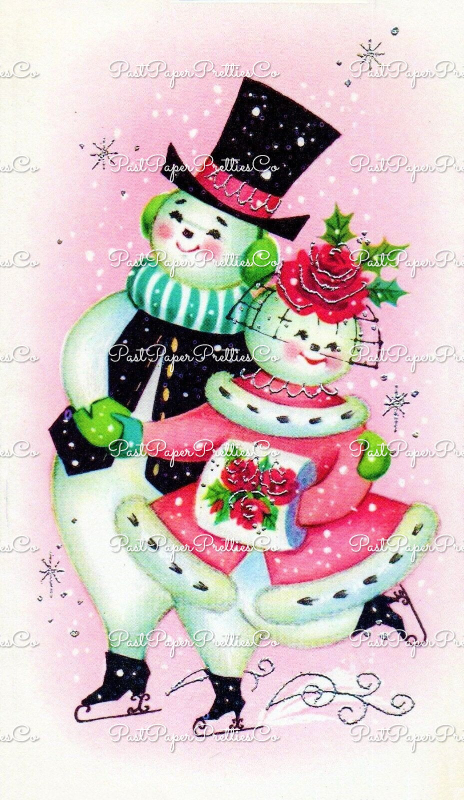 Vintage Printable Pink Snowman Snowlady Skating Snow Couple Christmas Card Image Instant Digital Download Kitsch Retro Mid Century Clip Art