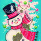 Vintage Printable Pink Teal Snowman Skating Christmas Tree Card Image Instant Digital Download Kitsch Retro Mid Century Clip Art