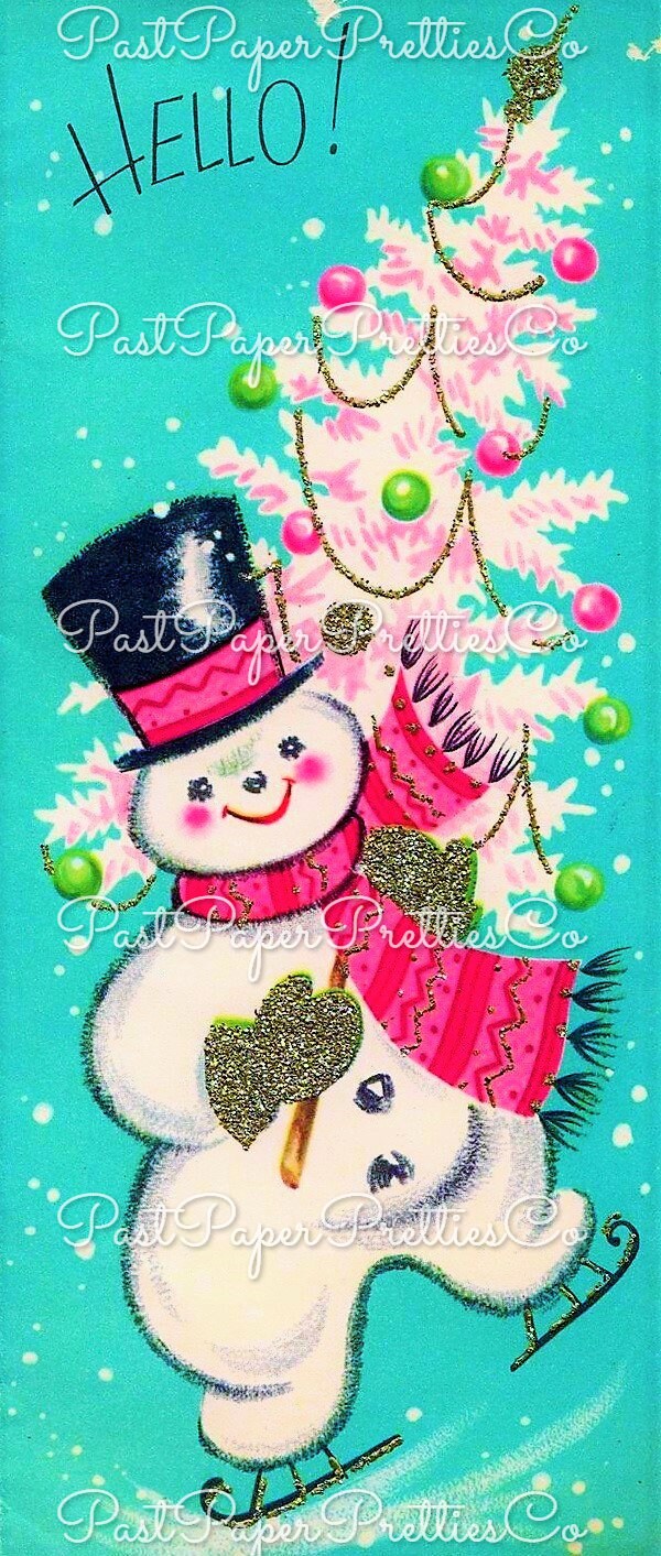 Vintage Printable Pink Teal Snowman Skating Christmas Tree Card Image Instant Digital Download Kitsch Retro Mid Century Clip Art