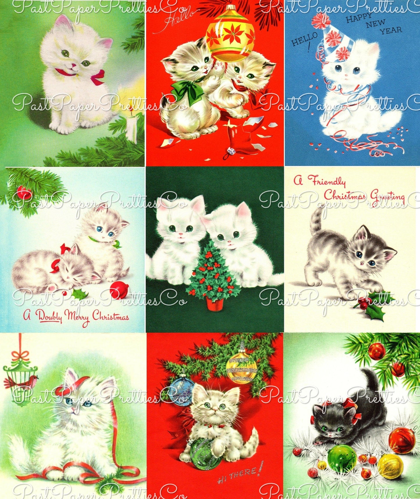 Vintage Printable Adorable Christmas Kittens Collage Sheets Retro Greeting Cards 54 Images PDF Instant Digital Download ALL Cats Clipart